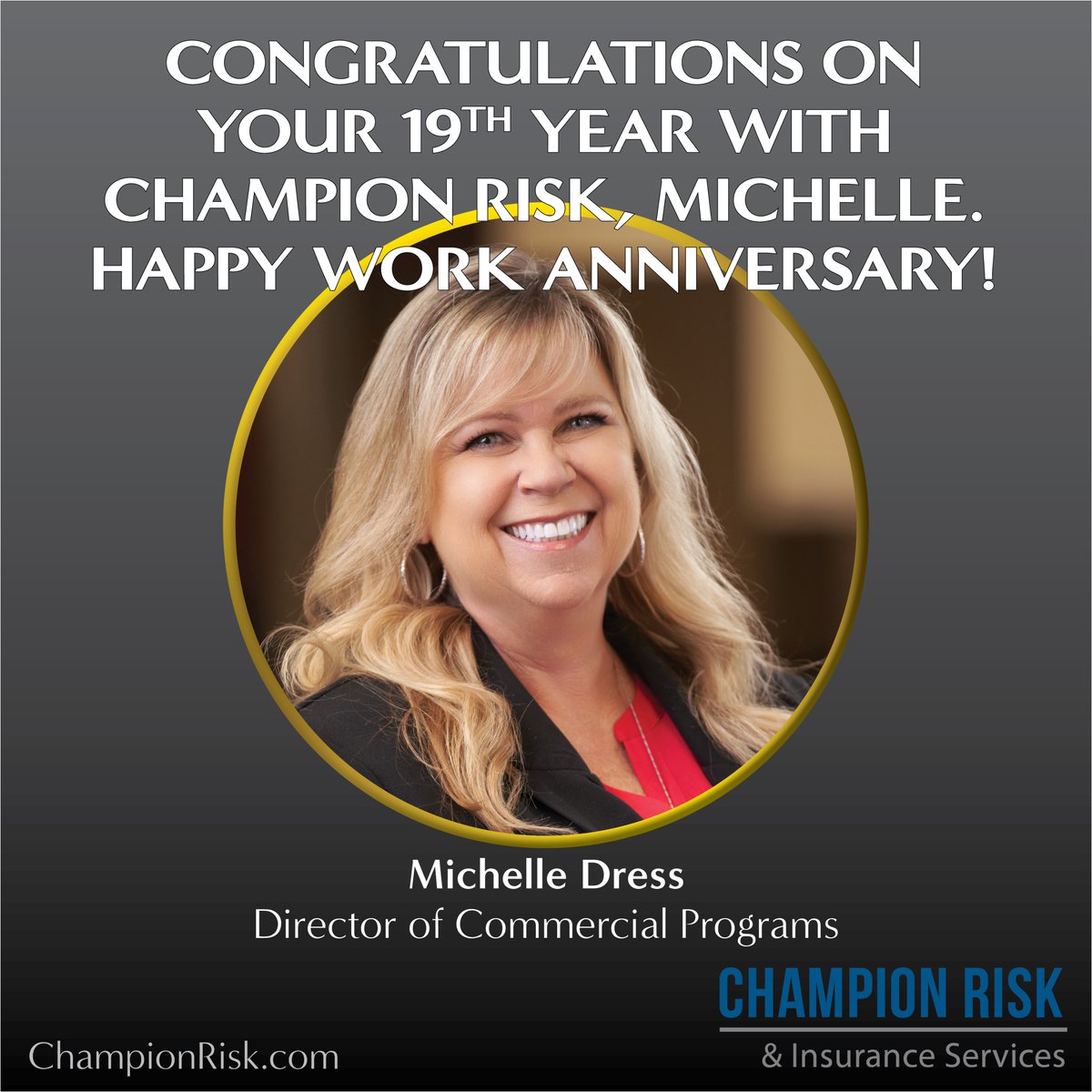 Happy 19th work anniversary, Michelle! Did you know that she was our very first employee? Aside from Mark Raby, that is. We're so glad she's been a part of our #championteam since the beginning &amp; look forward to many, many more years of work together. #thankyou #workanniversary