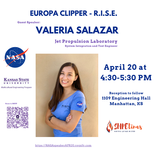 KsuMep's tweet photo. Europa is 1 of 80 moons of Jupiter. Get a sneak peek at the 2024 Europa Clipper Mission and stay for a reception to meet NASA JPL Engineer, Valeria Salazar. 

KSU Society of Hispanic Professional Engineers (SHPE) is hosting to feature Latina engineers! 

@KStateEngg @SHPEKSU https://t.co/tAtGs41gGa