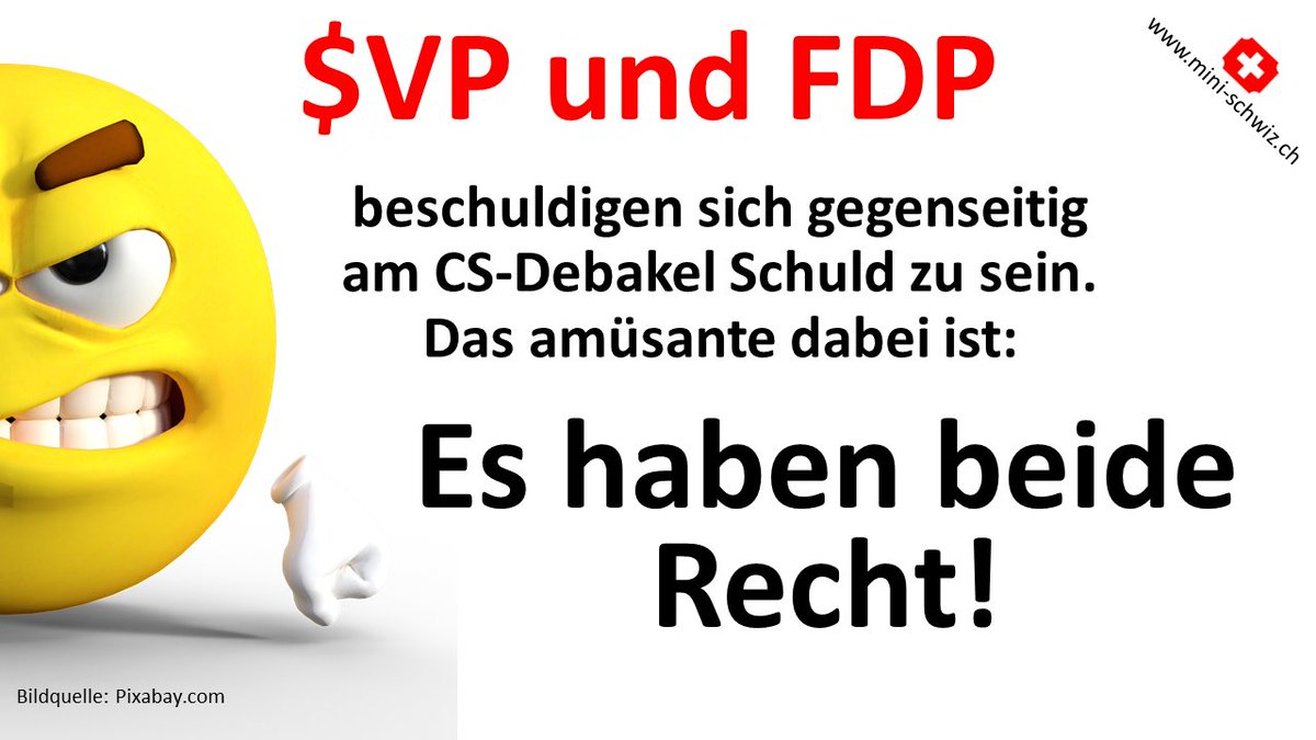 MiniSchwiz's tweet photo. Beim #CSDebakel haben für einmal die #SVP und die #FDP gemeinsam recht. Ausnahmsweise!
#srfarena https://t.co/ApqpCnfBxZ