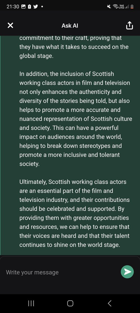 I asked AI to write an argument that's pro Scottish working class actors. 

The reply is outstanding. And computers can't lie 

#workingclass
#scottishtheatre 
@heraldscotland @joycemcm @dailyrecord @TheScotsman