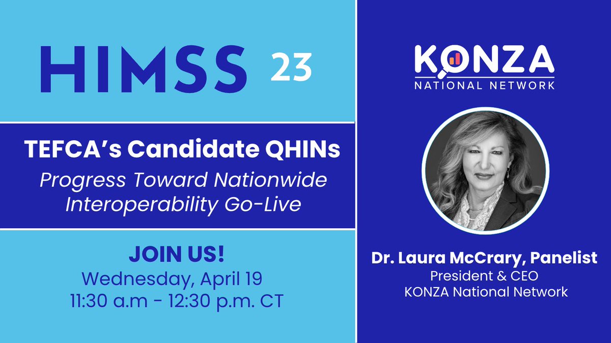 Attending #HIMSS2023 next week? Join us for this education session with other TEFCA Candidate QHINs where we’ll discuss our progress toward nationwide interoperability. tinyurl.com/konza-himss23 Wed, 4/19 | 11:30 South Bldg, Level 1 | S100C #healthcaredata #interoperability #QHIN