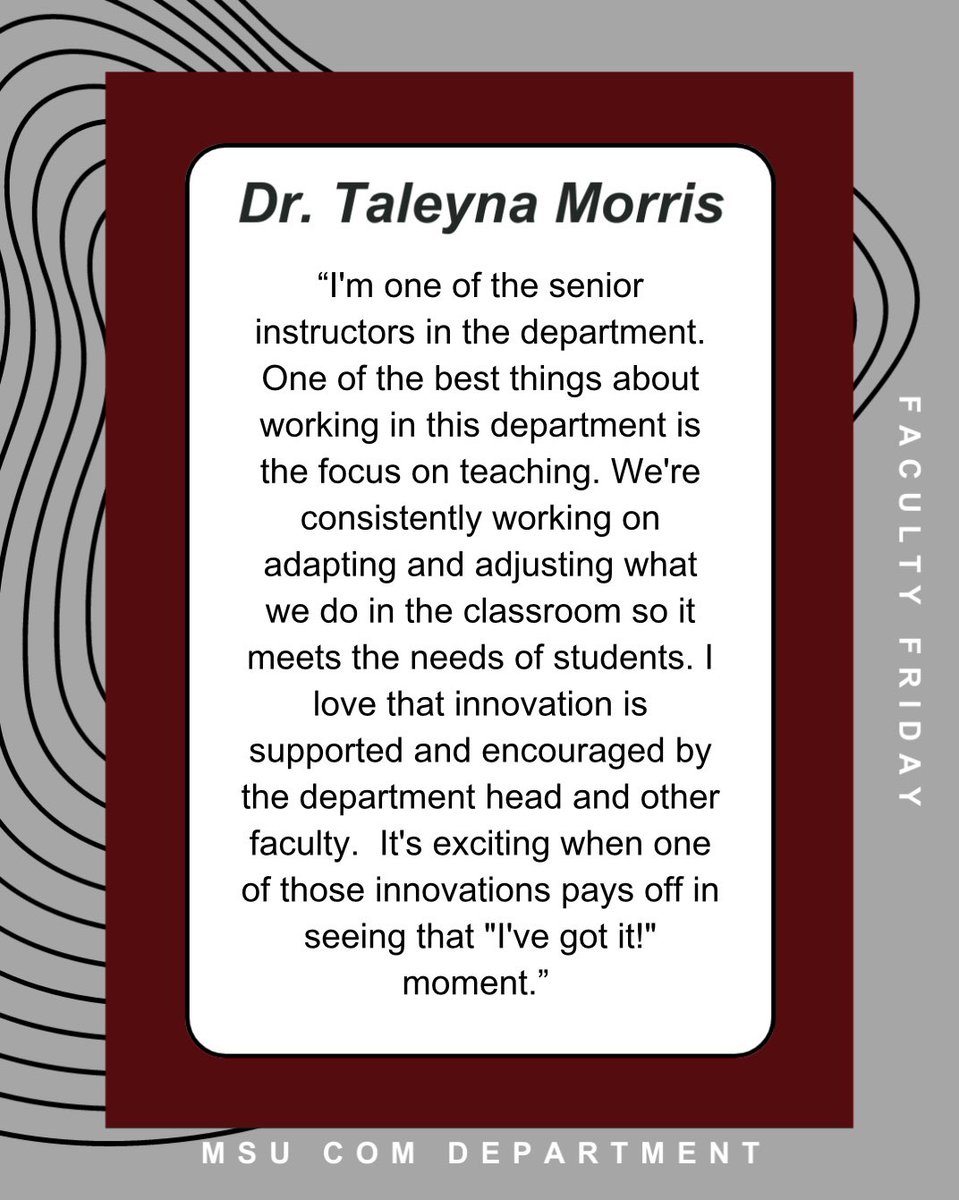 msuCOMDept's tweet photo. It’s #FacultyFriday !!!🎉
Each Friday of the week we will be spotlighting a faculty member from the COM department.🤩
This week we have Dr. Taleyna Morris. Swipe to see what she has to say about this incredible department!👉 @taleynamichelle https://t.co/vr9BpHiE8K