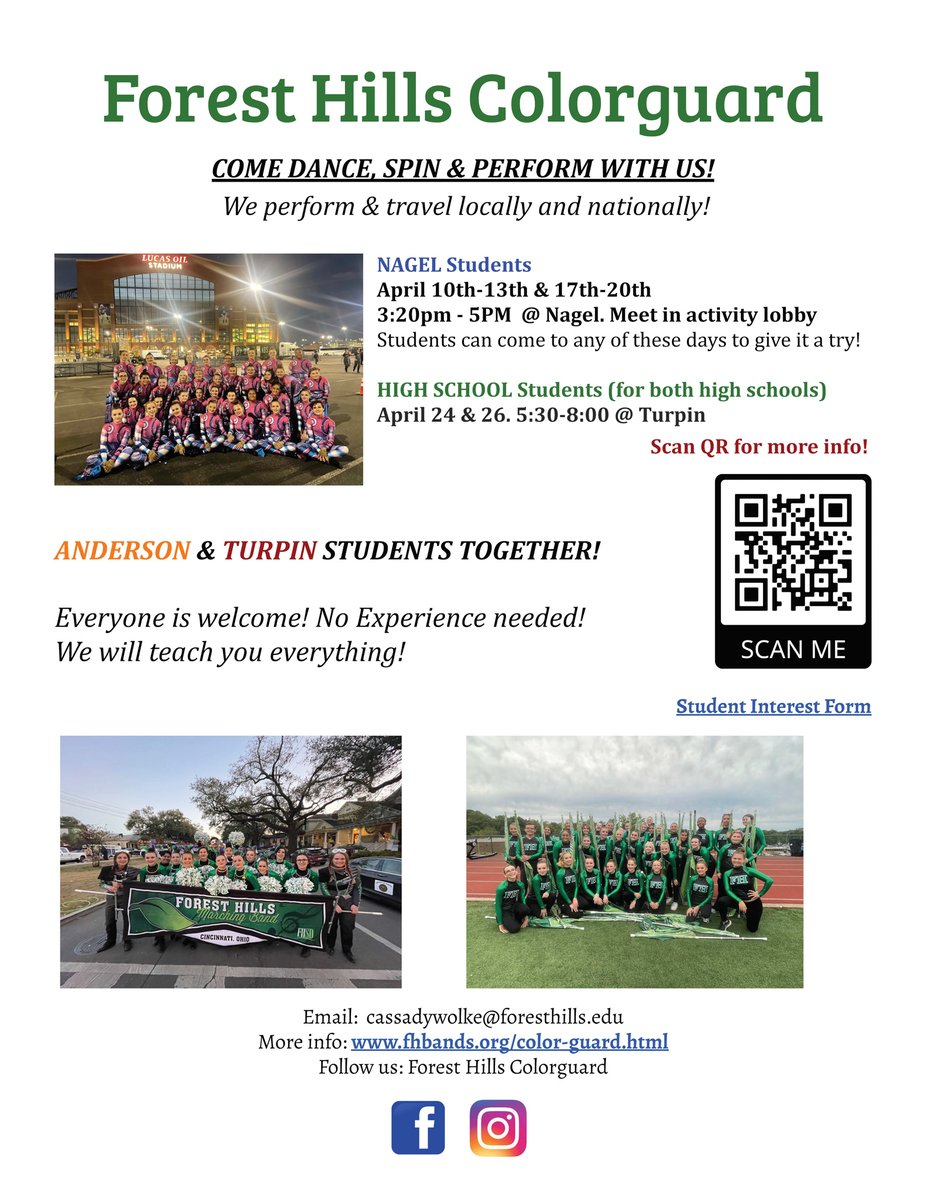 Forest Hills Colorguard is looking for Nagel, Anderson and Turpin students who are interested in participating in the distinguished program! Nighthawks, if you missed the earlier interest days, you can stop by Mon.-Thurs. next week! High schoolers can give it a try April 24 &amp; 26!