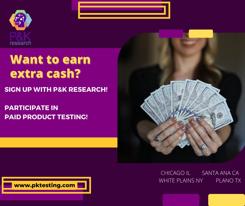 PKresearch's tweet image. Do YOU want to earn extra cash on the side? 
P&amp;amp;K Research is ready to pay YOU for your thoughts &amp;amp; opinions on tons of different products.
Your opinion matters to us! 
#focusgroups #haveyoursay #paidtesting #marketingresearch #marketresearch #joinus #safeproducts #fastcash