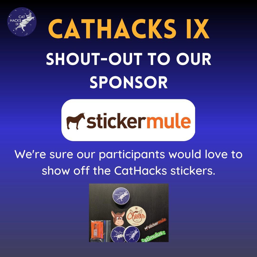 CatHacks IX would like to thank our sponsors for making this possible!
Shout-out to echo3D, O'Reilly, Sticker Mule, and StandOut Stickers!

#cathacks #mlh