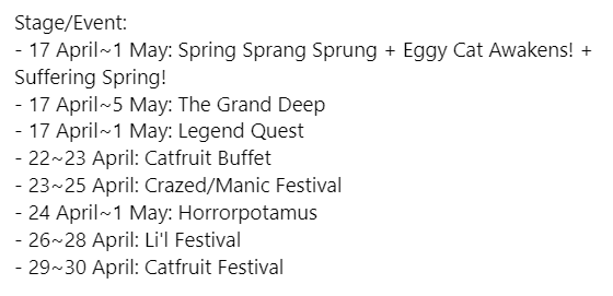 tomcat_siluman's tweet photo. NEW EVENT DATA LEAK
Easter event starts despite being a whole week late. Guaranteed rolls for both Fate and Easter banner

#battlecats #eventdata #bcen #bckr #bctw https://t.co/nl66LyGgVv