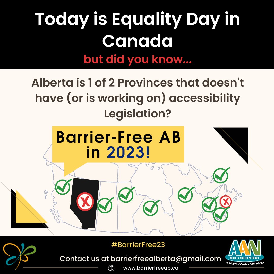 Happy Equality day from #BFAB! 40 yrs after the Charter was signed, equality rights have not been realized for Albertans w/disabilities. This is why we are pushing #BarrierFree23. All parties need to commit to passing an accessibility act. Support us at barrierfreeab.ca