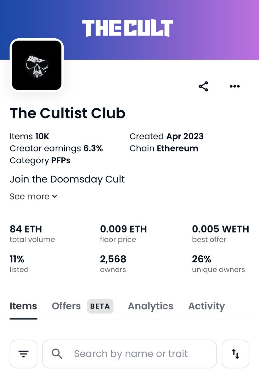 In before “What has the team done with royalties”

So far - 5.292 ETH in royalties. 

All TXNS have occurred from cultistclub.eth to make it easier for holders to track 

No funds have been removed from the contract