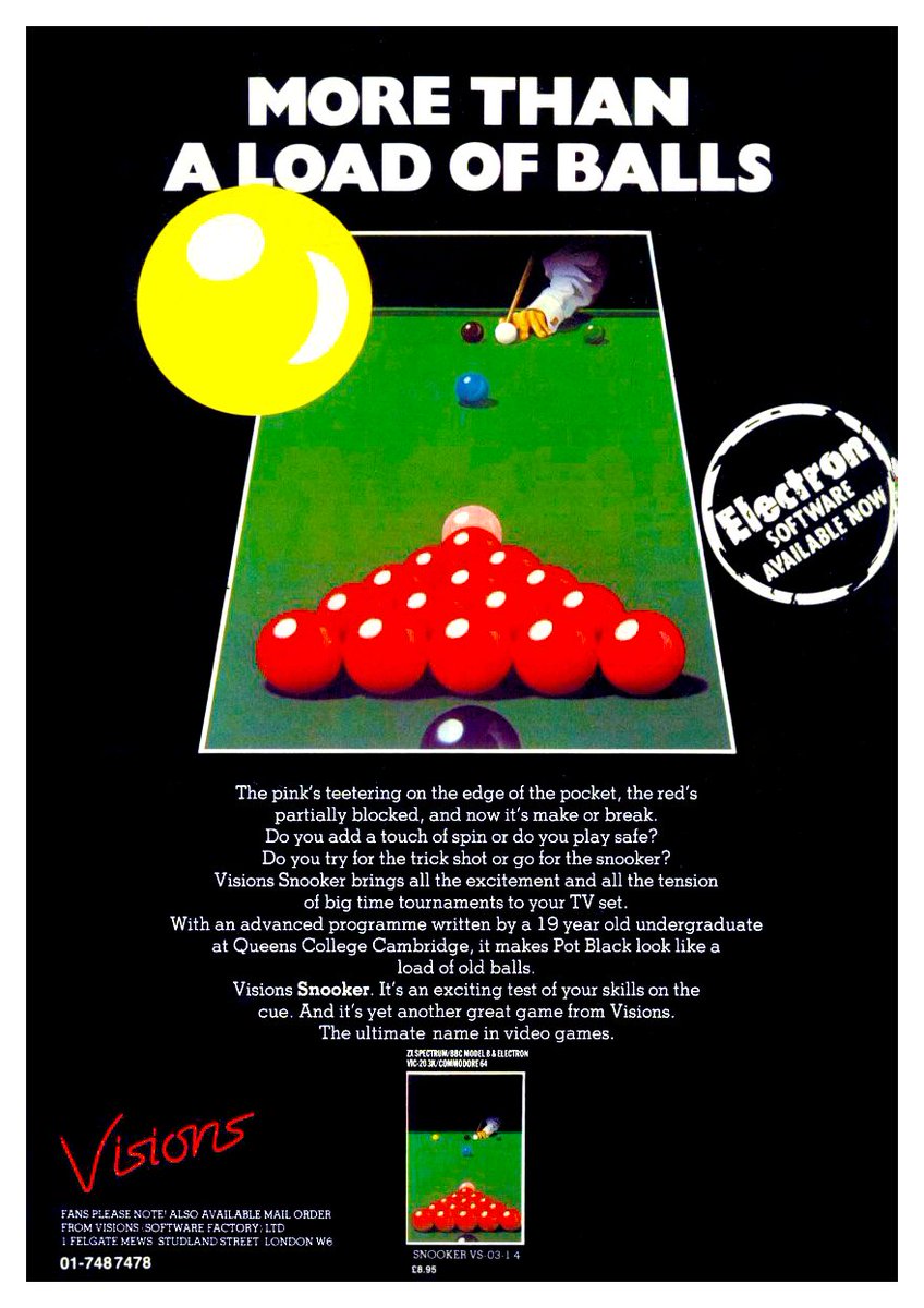 GaryArnott's tweet photo. Don't worry all you snooker loving Acorn Electron owners out there! 😰

Visions (Software Factory) have you covered! 👍🎱📐

#Retrogaming #ZXSpectrum #Commodore64 #Vic20 #C64 #Commodore #AcornElectron #Electron #BBCModelB #retrogamer #retrogames #Snooker #WorldSnookerChampionship https://t.co/ZqdeFUFm2K
