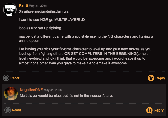 NgR_History's tweet photo. A popular request people wanted for Newgrounds Rumble is online play. NegativeOne did consider it but it didn't happen.

#newgrounds #newgroundsrumble #ngrumble #ngr #newground #newgroundrumble #online #fightinggame #flashgame https://t.co/2bAtr6EcSl