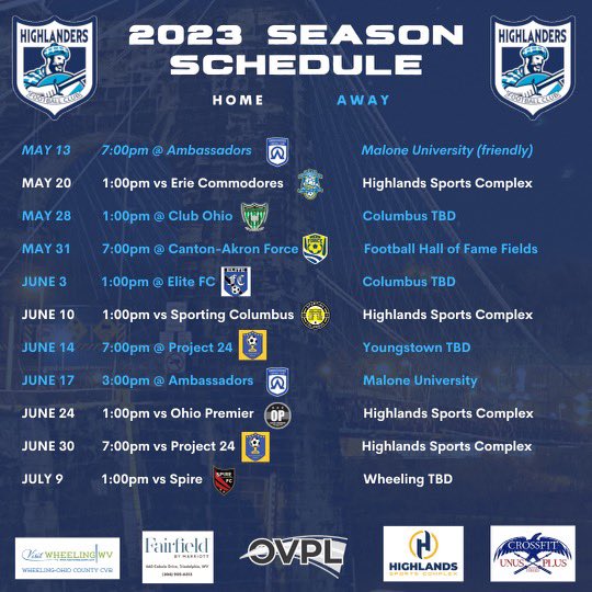 wvhighlandersfc's tweet image. Here’s our 2023 @ovplsoccer schedule! HOME Opener May 20!! #therecanbeonlyone @WheelingVisitor @WLU_MSoccer @WU_M_Soccer @str8trainingrnd @WheelingNailers @WTRF7News