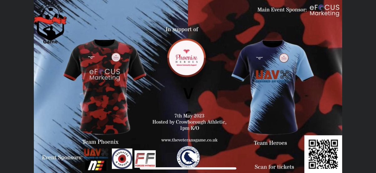 TheVeteransGame's tweet photo. Support veterans' mental health at The Veterans Game! ⚽️🇬🇧 Join us for this charity football match organised in support of @PhoenixHeroes. Get tickets at https://t.co/nSF9YGisfT! #VeteransGame #MentalHealthMatters https://t.co/RJd7B96tIz
