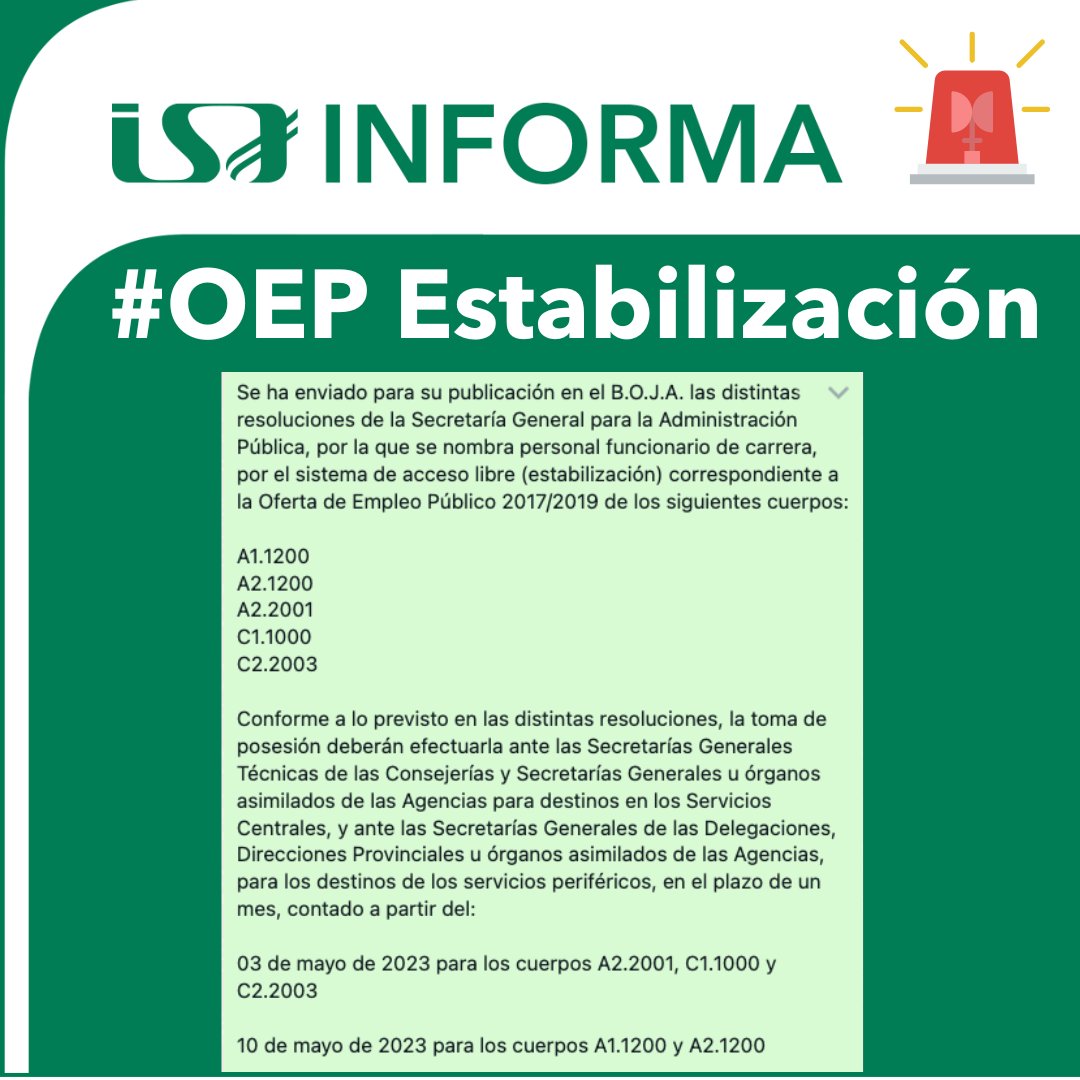 ISAndaluza1's tweet photo. 📣📣Enviadas a BOJA el nombramiento de funcionarios de distintos cuerpos de las OEP de ESTABILIZACIÓN. A1., A2., C1 Y C2.

🗓️Toma de posesión 3 y 10 mayo #AGJA @AndaluciaJunta 

#SOSinterinos  #interinos #funcionarios https://t.co/uyKNdoQehf