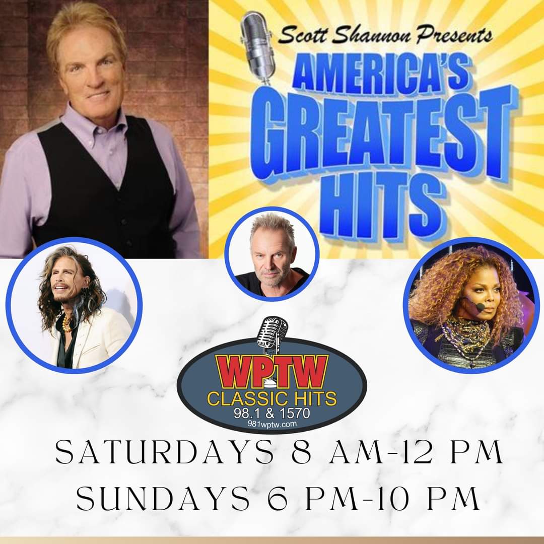 WptwH's tweet photo. This weekend Scott counts down the TOP songs from this very week in 1981, 1986, and 1995 plus he will be talking with Steven Tyler, Janet Jackson, and Sting.
Scott Shannon Presents: America's Greatest Hits https://t.co/rOQvv0Y6Nf