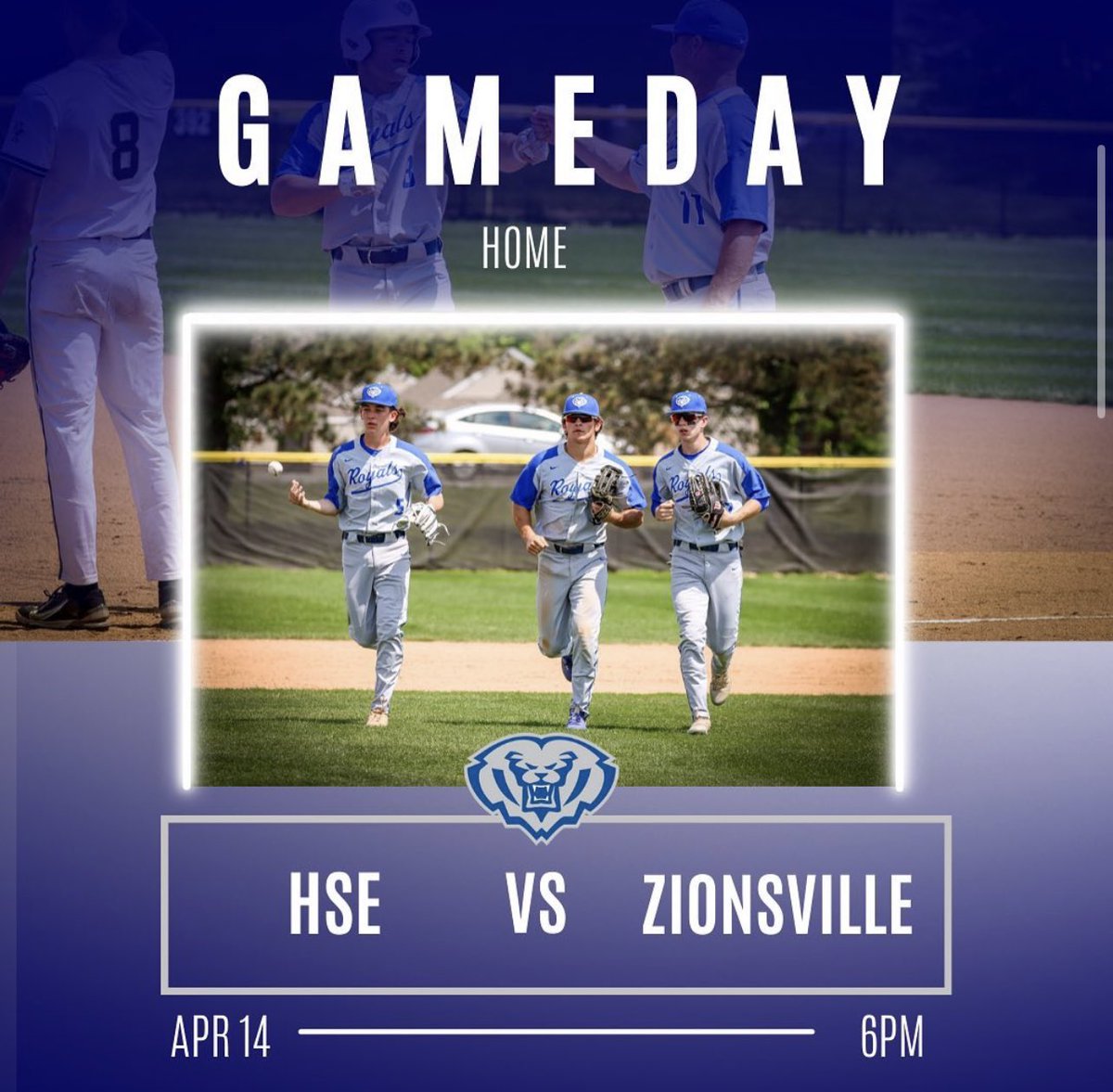 GAMEDAY!!!
🆚: Zionsville
📆: APR 14
⏰: 6:00
📍HSE 
🔗 hsenews.com/live-stream/ 
#GoRoyals🔵⚪️