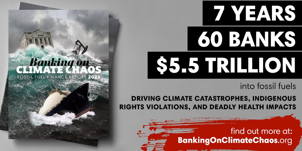 IENearth's tweet image. Our annual bank report card is in, and it’s BAD. 7 years + 60 banks = $5.5 TRILLION in fossil fuel financing, driving climate devastation and human rights violations in every corner of the world. Learn more at bankingonclimatechaos.org #DefundClimateChaos #BOCC