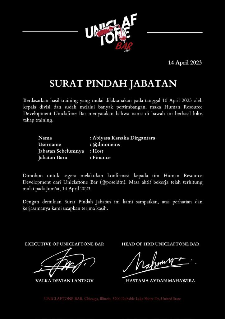 poseidtn's tweet photo. 📩
 ️️
To : Abiyasa Kanaka Dirgantara ( @dmoneins )
Cc : Uniclaftone Bar ( @uniclaftoneBar )
Luke Adyatama (@nixoctine)
Valka D. Lantsov (@FLlNTLOCK)
Aydan Mahawira (@kimvithv)

Subject : Surat Pindah Jabatan

🖇Attachment https://t.co/kiCvQoENM1