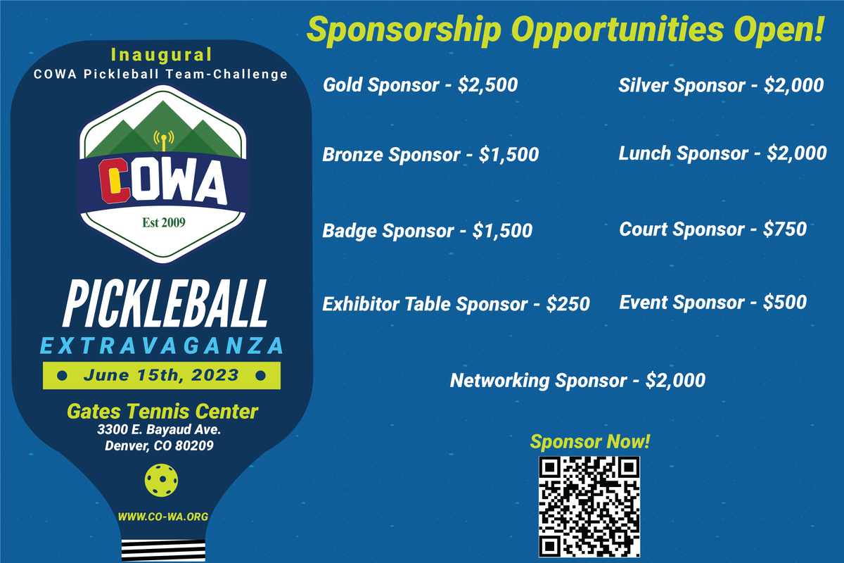 COWireless's tweet photo. COWA is happy to announce we'll be holding our first Pickleball Tournament this June! Tickets &amp; Sponsorship opportunities are available for purchase now.   

For more info, please contact marketing@co-wa.org. Please click on the link below to register!

https://t.co/0QWP72p2pa https://t.co/oNDf34hivO