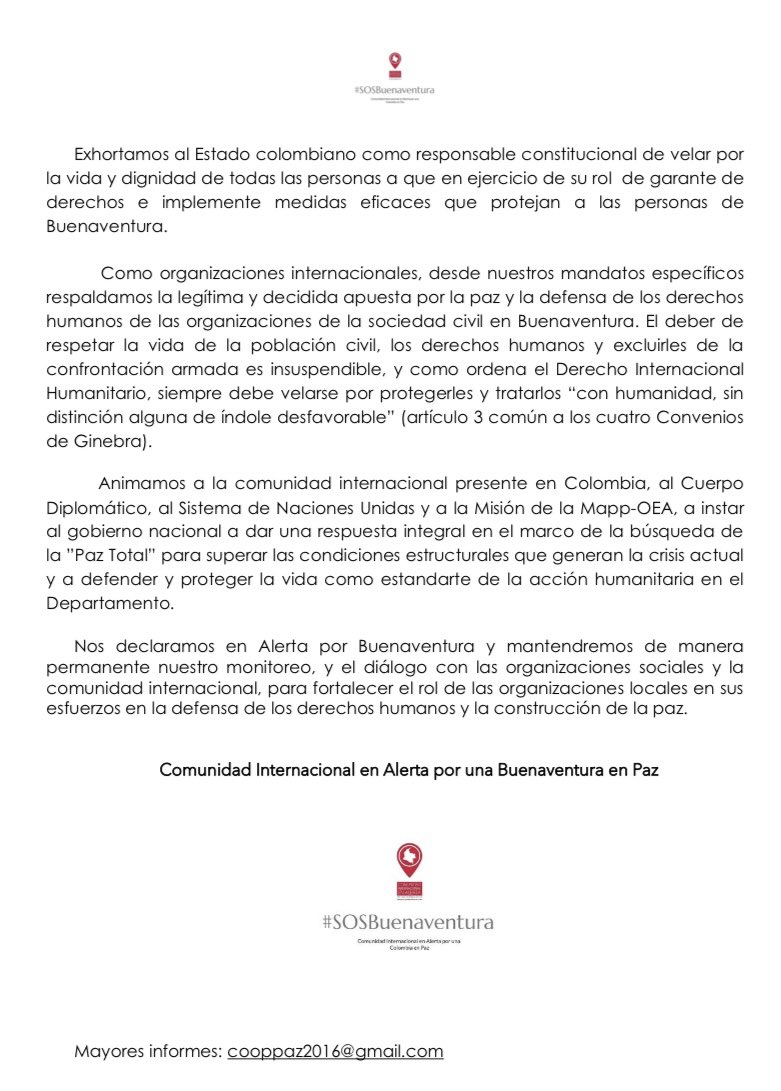 espaciopazencol's tweet photo. 🇨🇴📢 #Comunicado #SOSBuenaventura @espaciopazencol  | Enfrentamientos armados en varios sectores de Buenaventura en los últimos días amenazan la aparente calma luego de la “Tregua de Paz”. https://t.co/DMzpzJHPUL