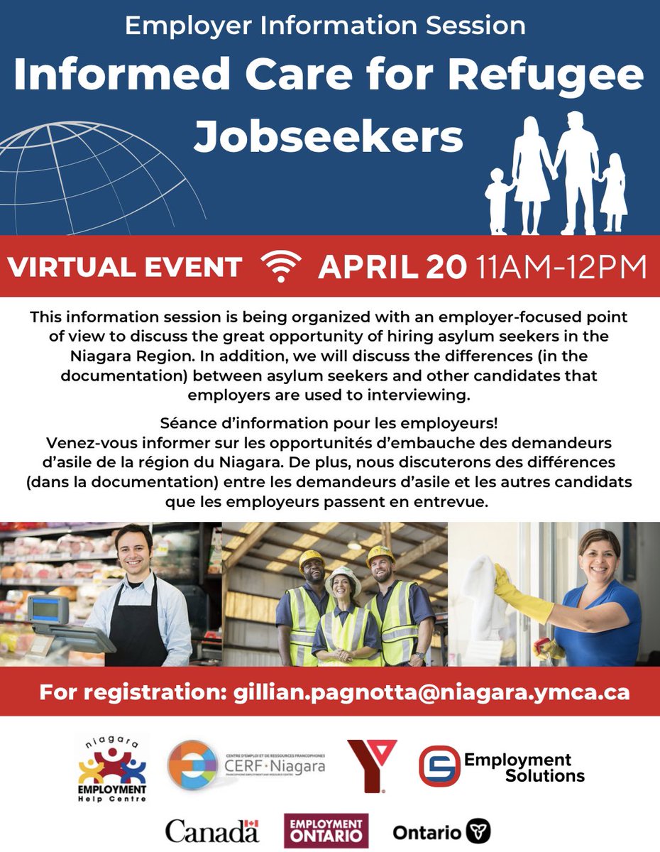 CERFNiagara's tweet photo. Session d'information importante pour les employeurs concernant les applicants d'emploi réfugiés! 
.
.
.
Important information session for employers regarding refugee jobseekers! https://t.co/ERy8viLqkL