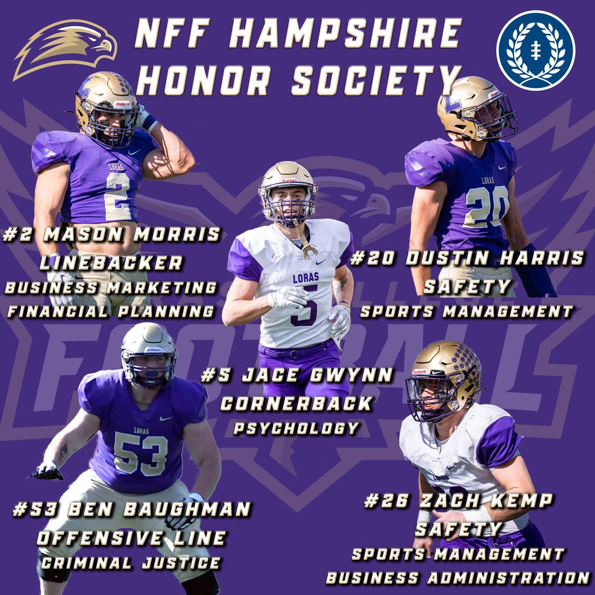 LorasCollegeFB's tweet photo. Congratulations to our 5⃣ seniors who have been selected as members of the 2023 NFF Hampshire Honor Society!

All have made a lasting impact on the Duhawk Football Program.

#FlyWithUS  |  #EarnYourDegree https://t.co/qvqOwSOh2s
