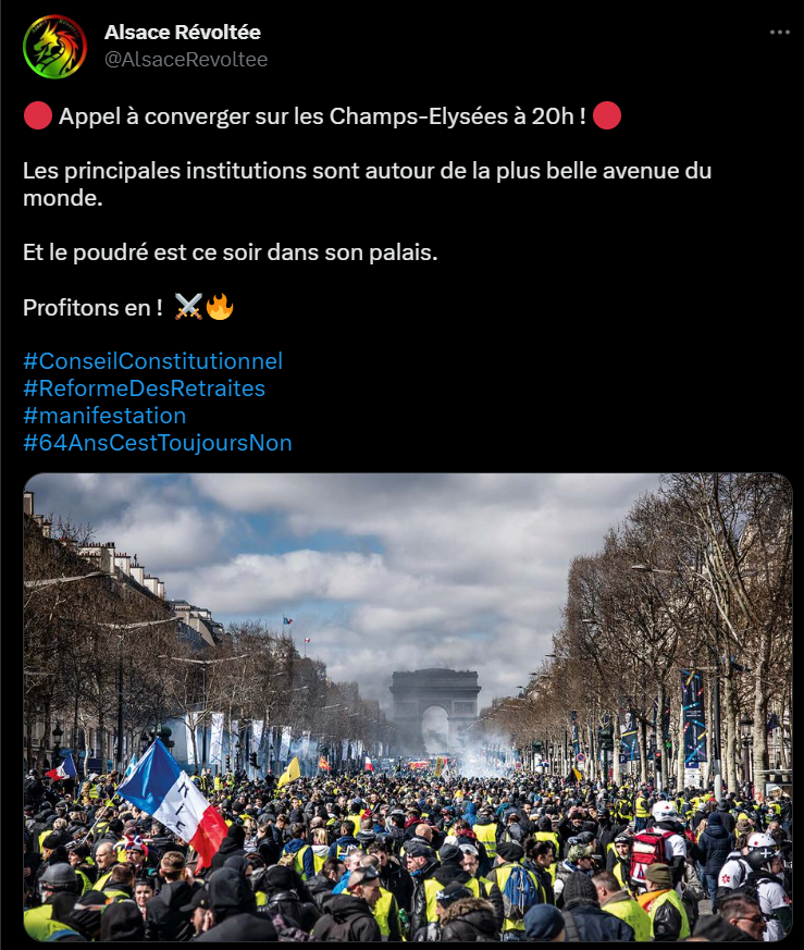 AlertesInfos's tweet photo. 🚨🇫🇷URGENT - Un collectif de citoyens révoltés appelle à manifester sur les Champs-Élysées ce soir à 20h et sous-entend d'aller chercher Emmanuel #Macron à l'Élysée. https://t.co/rESpiTXL0E