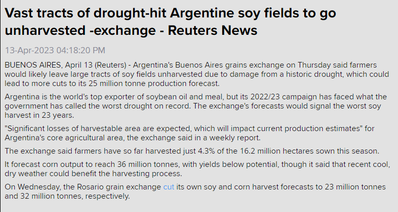 🇦🇷#Argentina has harvested a little over 4% of the area planted to #soybeans, but many fields may not be harvested because of historic drought damage. BA grains exchange estimates the crop at 25 mmt, Rosario exchange is at 23 mmt.