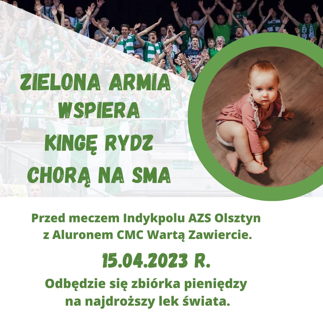klonik2's tweet photo. Zielona Armia @SSPS_AZS wspiera Kingę Rydz. Na meczu @indykpolazs z @AluronCMC odbędzie się zbiórka pieniędzy na najdroższy lek. #WiKingi #SMA https://t.co/a8CvFGN4UA