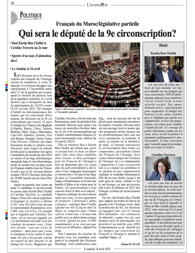 Retrouvez moi dans @Leconomiste_ 

'Qui sera le député de la 9e circonscription ?'

Renaissance - Français de l’Étranger - FdE

#legislatives2023 #partielle #francaisdeletranger #assembleenationale #9emecircofde #legislativespartielles