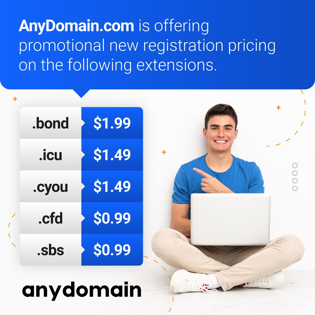 anydomaincom's tweet photo. Big News! Unbeatable promotional pricing on domain name extensions! π₯ Grab your perfect .bond, .icu, .cfd, .cyou, or .sbs domain NOW and make your online presence unforgettable! π Don't miss out! Limited time offer! π
#DomainSale #PromoPricing #DotBond #DotICU #DotCFD #DotCYOU #DotSBS #WebsiteBuilder #OnlinePresence #GetYourDomainNow
