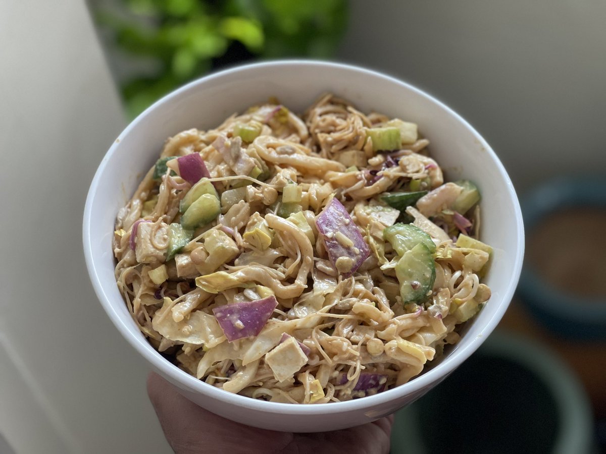 ganimaniac's tweet photo. It’s warm for #April, so Cold Sesame Noodles are on the menu, with cabbage, red onion, cucumber, lentil and radish sprouts, and Pete’s Secret Sauce. #springtime #OnTheMenu #ColdSesameNoodles #PlantBased #Vegan #Plants #Spicy #Tahini #SecretSauce #SaHtein #Cuisine #GetInMyBelly https://t.co/vo0NYUicbI