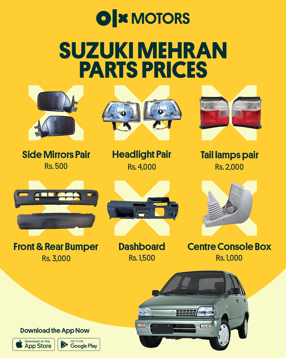 OLX_Pakistan's tweet image. Here are the parts prices of the most affordable hatchback of Pakitan. Share your thoughts in the comments. 

Buy Spare Parts on OLX: bit.ly/3laoJVQ 

#mehran #suzukimehran #mehranparts #suzukimehranprice