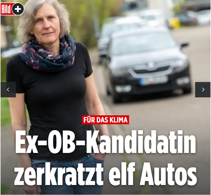 Das ist Dörte Schnitzer, ehemalige Kandidatin für den OB-Posten von #Schorndorf im Rems-Murr-Kreis in #BadenWürttemberg. In ihrem #Klimawahn hat sie wahllos 2stellig Autos zerkratzt & mit Aufklebern beschädigt.