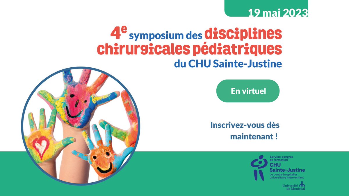 CongresCHUSJ's tweet photo. Médecin de famille, pédiatre, résident ou autre professionnel de la santé intéressé par les cas chirurgicaux courants en 1re ligne 📢

Le 4e symposium des disciplines chirurgicales pédiatriques du CHU Sainte-Justine aura lieu le 19 mai 2023 en virtuel.

➡️https://t.co/aPlhVDorzN https://t.co/fK6zEMlwft