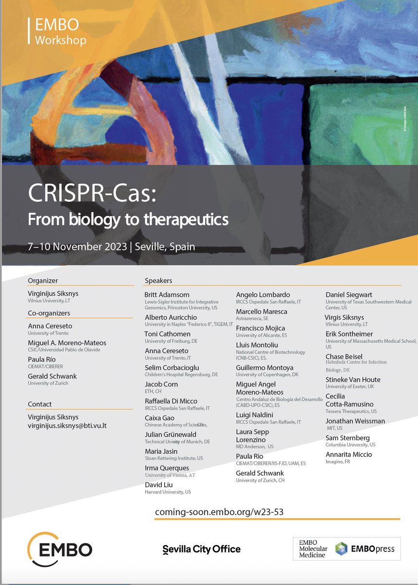 CIBIOcrispr's tweet photo. The first EMBO CRISPR-Cas workshop is coming! In the beautiful Seville with an impressive speakers lineup. Next November 7-9 . Stay tuned for program and registration.
@crisprscan @schwanklab @AnnaCereseto @PauFerrol, Virgis Siksnys (no twit) #CRISPR https://t.co/FpUAbv7N8a