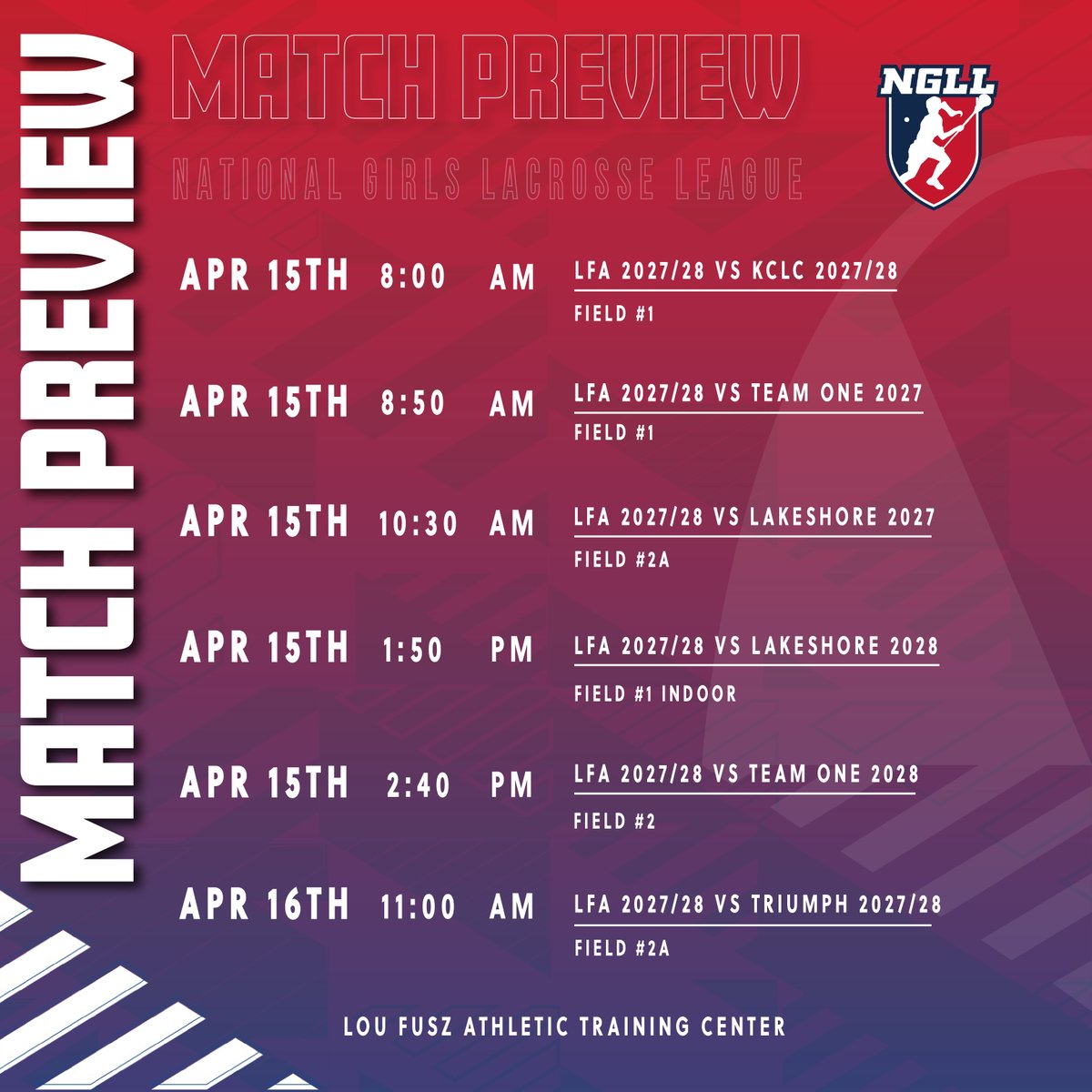 LouFuszLacrosse's tweet image. 𝐍𝐆𝐋𝐋 𝐖𝐄𝐄𝐊𝐄𝐍𝐃 🤩

Support our 14U Blue Star Elite Girls Team at the LFA Training Center as we host the NGLL Midwest Spring Opener this Saturday and Sunday 📍

#loufuszathletic
#loufuszlacrosse #ngll #nationalgirlslacrosseleague