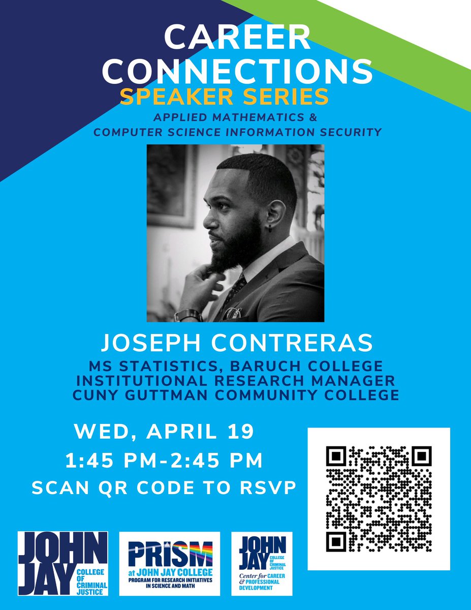 PRISM at John Jay (@jjcprism) on Twitter photo Join us on Wednesday, April 19th from 1:45PM to 2:45PM for the Career Chat: “Where A Background In Statistics & Research Can Lead You” with Joseph Contreras! The Institutional Research Manager <a href="/GuttmanCC/">Guttman CC|CUNY</a> . Scan to RSVP, link can be found in our bio too. Join us on Wednesday, April 19th from 1:45PM to 2:45PM for the Career Chat: “Where A Background In Statistics & Research Can Lead You” with Joseph Contreras! The Institutional Research Manager <a href="/GuttmanCC/">Guttman CC|CUNY</a> . Scan to RSVP, link can be found in our bio too.