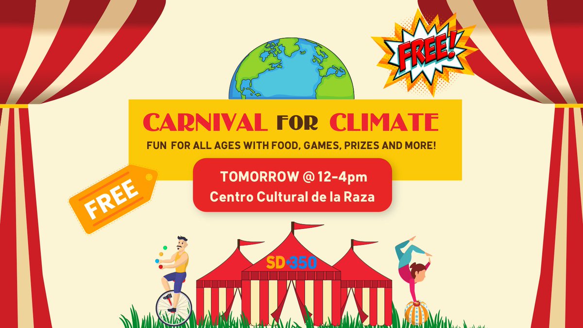 SanDiego350's tweet image. Carnival for Climate is TOMORROW from 12- 4 pm at El Centro Cultural de la Raza in Balboa Park! Do not miss this FREE event for all ages - bring your friends and family and enjoy a fun-filled day of games, performances, activities and more!
Register here: ow.ly/fBqR50NJqMH