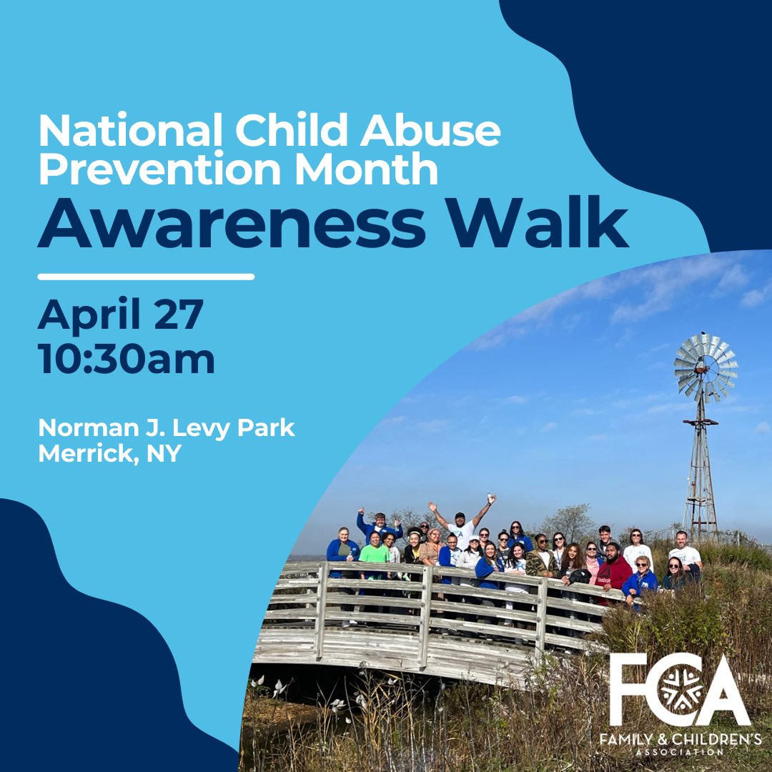 FCA_daily's tweet photo. Join us for our awareness walk for Child Abuse Prevention Month on April 27th at 10:30am in Norman J. Levy Park &amp; Preserve (1600 Merrick Rd, Merrick, NY 11566). To register (for free!) go to https://t.co/M4XuZCeBWe #ChildAbusePreventionMonth https://t.co/JiivT1L8vz