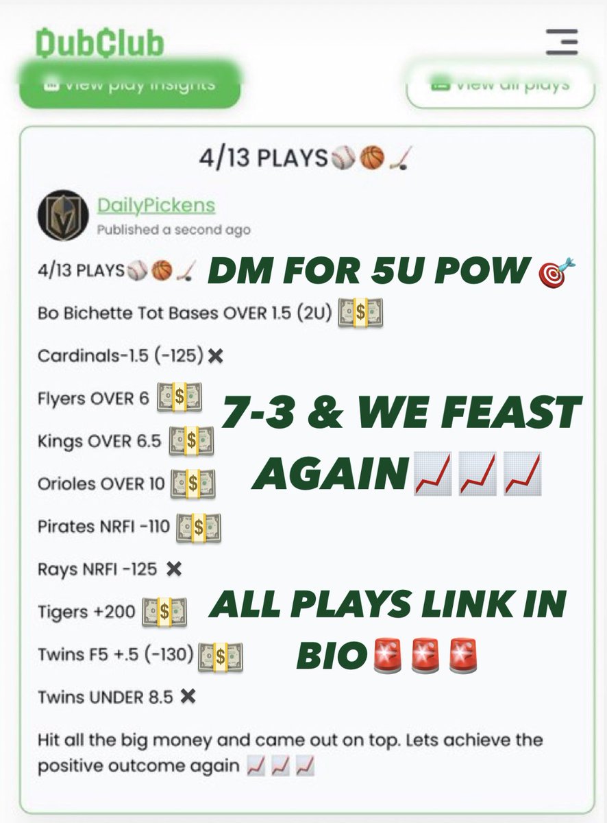 Daily_Pickens's tweet photo. PLAY OF THE WEEK TODAY🚨🚨🚨
THURSDAY +5.5 UNITS 💵💵💵
TIGERS +200 HANDLE BUSINESS 🎯
WEEK CONTINUES STAYING🔥🔥🔥
DM TO GET ALL WEEKEND ASAP🔒
https://t.co/tmhGbj2T8j
#ad 19+ Please Play Responsibly
#PrizePicks #PrizePicksMLB #MLB #NHL #altcoin #nba #playoffss https://t.co/wp0VQJrH5K