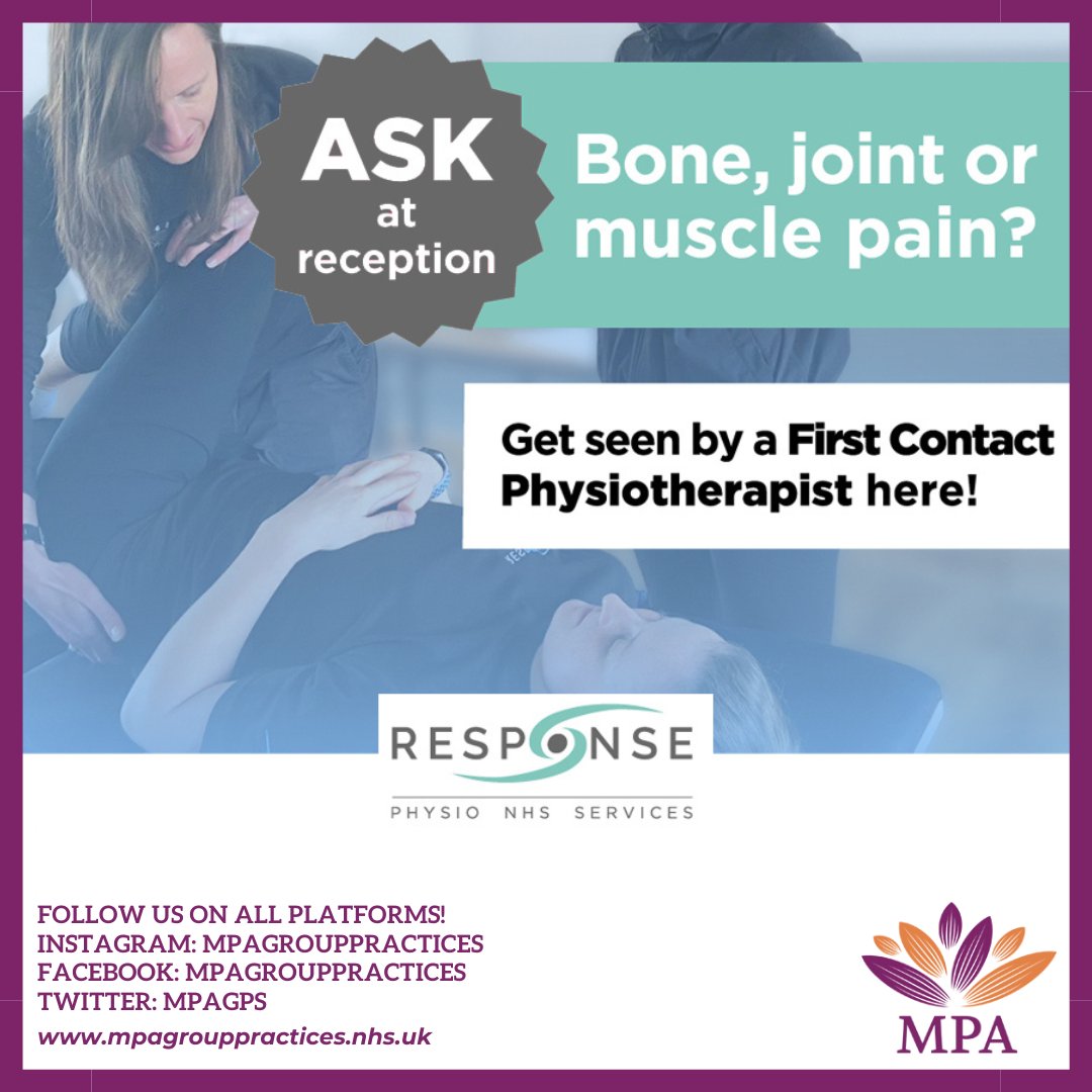 MPA Group Practices is pleased to announce that patients can now book an appointment with the First Contact Physio who will be running clinics across the practice sites.

For more information visit our facebook page:
tinyurl.com/mwy27u43