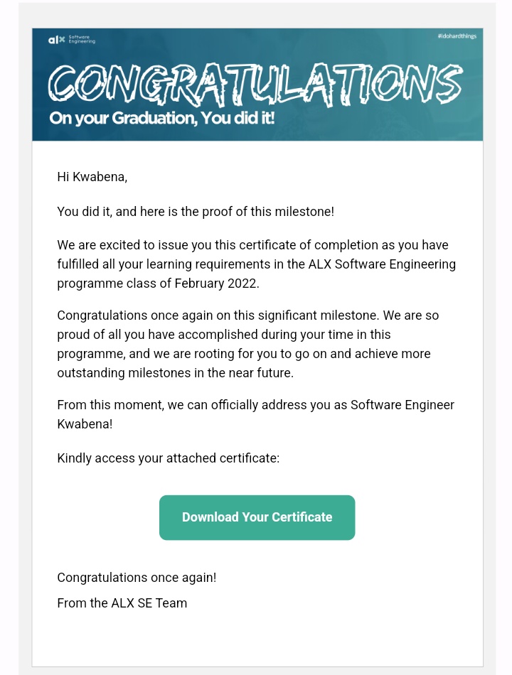 KhobiObieh's tweet image. I am officially certified as a Software Engineer from alx_africa! 🥳🥳🥳🥳🥳
#softwareengineer 
#dohardthings 
#alxafrica