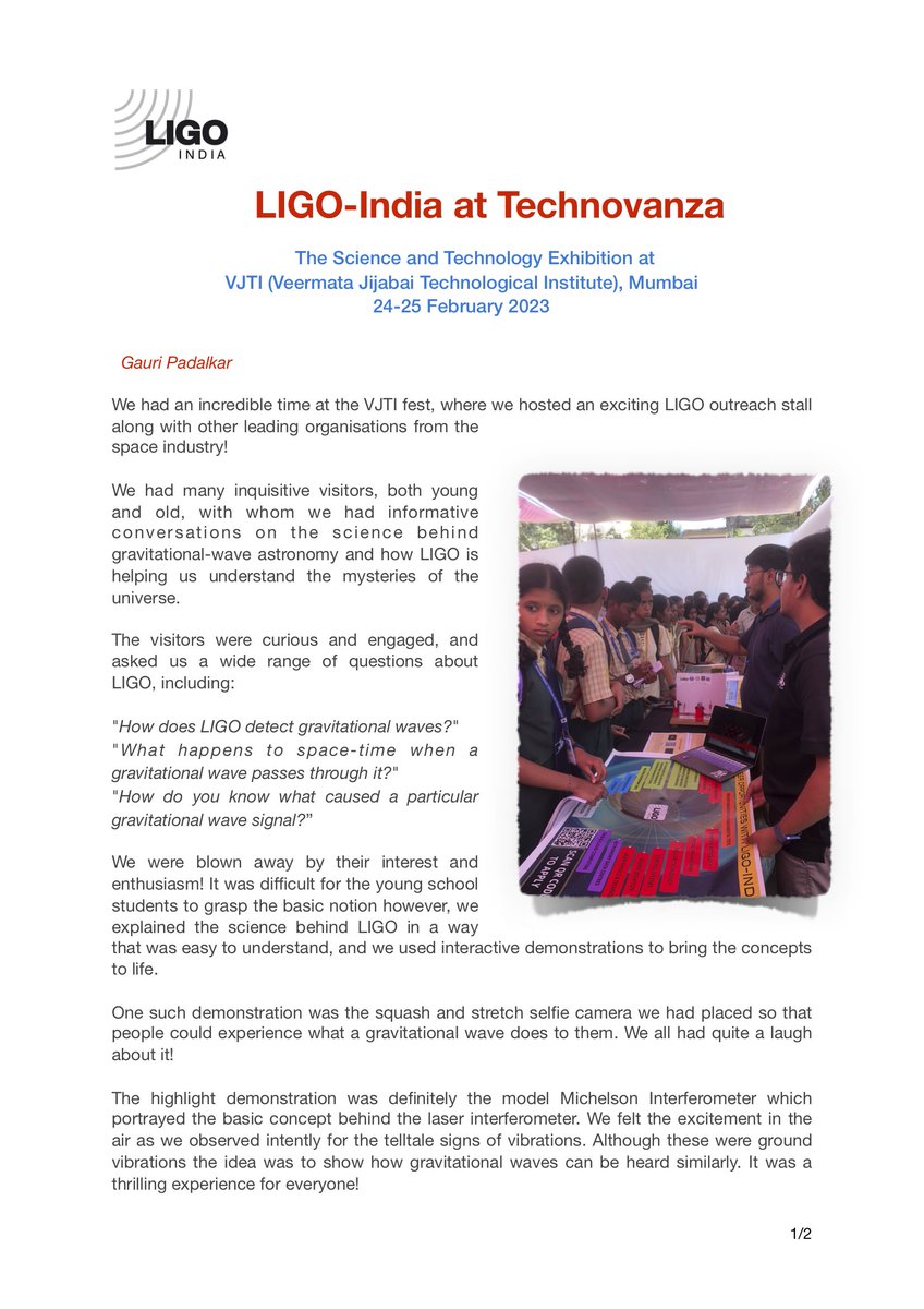 LIGOIndia's tweet photo. The LIGO-India outreach team has been promoting #gravitationalwavescience at science festivals all over the country π Find out from one of our volunteers about her recent experience at @Technovanza, the Science and technology fest at @VJTI in Mumbai πππ€©πͺ https://t.co/E1JH9k3N5i