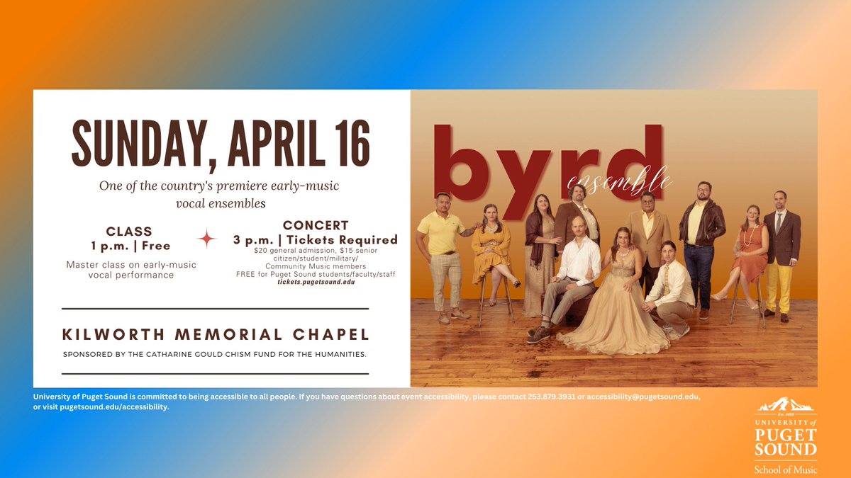 PugetSoundMusic's tweet photo. This Sunday we will be hosting the Byrd Ensemble, one of the premiere early-music vocal ensembles in the country and internationally acclaimed for its performances and recordings of vocal chamber music! @univpugetsound @byrdensemble https://t.co/UV3mopxEQP