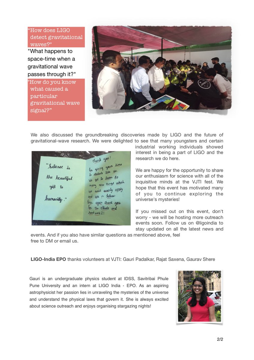 LIGOIndia's tweet photo. The LIGO-India outreach team has been promoting #gravitationalwavescience at science festivals all over the country π Find out from one of our volunteers about her recent experience at @Technovanza, the Science and technology fest at @VJTI in Mumbai πππ€©πͺ https://t.co/E1JH9k3N5i