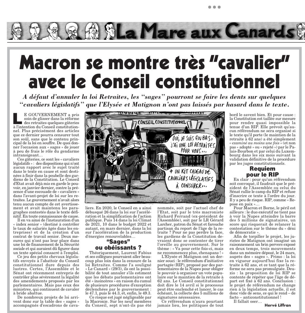 alainje's tweet photo. Les lectrices et lecteurs du @canardenchaine n’auront certainement pas été surpris par la décision (prévisible, pitoyable et peut-être dangereuse) du #ConseilConstitutionnel. Tout était écrit dans le Canard du 5 avril #ReformeDesRetraites https://t.co/PsAwkUpj2D