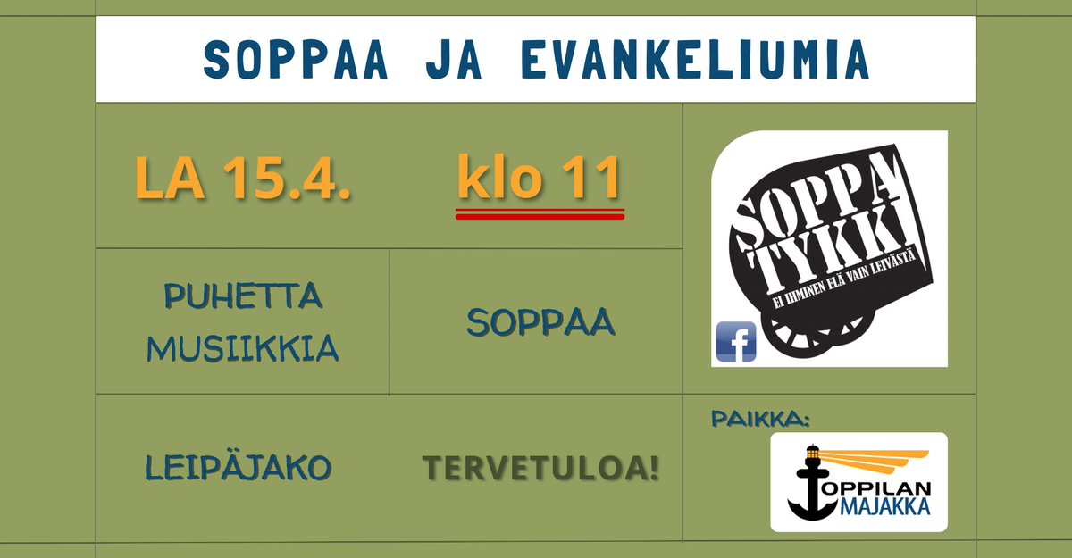 ToppilaCenter's tweet photo. 🥣🍞
Soppaa ja Evankeliumia
la 15.4. klo 11 Toppilassa
Toppilan Majakassa!
#ilmainen #ruokaapu
#tuutykille #leipäjako
#soppatykki #toppila
#meritoppila #oulu
#toppilahoods
https://t.co/NbLxyxhNIv https://t.co/yowSq3BZrG