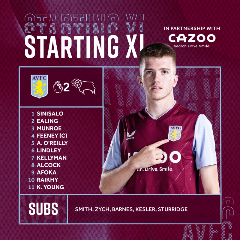AVFCOfficial's tweet photo. This is how your #AVFCU21s line up to face Derby County in #PL2 tonight! 👊
