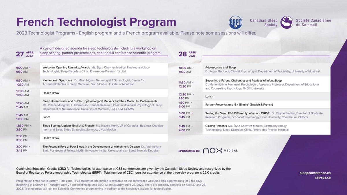 CanSleepSociety's tweet photo. Vous ne voudrez pas manquer ce programme de trois jours pour les technologues du sommeil. Obtenez 22 crédits de formation lors de la 11e Conférence nationale de la SCS, qui se tiendra du 27 au 29 avril 2023 à Ottawa, Canada.
https://t.co/ZrehfdmRtx
#CSSSleep2023 #Sleep #Sommeil https://t.co/11HnIMSZTl