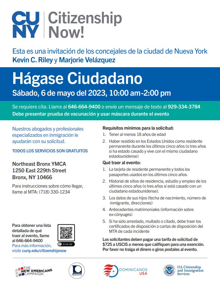 CMKevinCRiley's tweet photo. Councilmember Velaquez and I are partnering up with CUNY Citizenship now to bring citizenship services to the Northeast Bronx. Join us at the Northeast YMCA, Saturday, May 6th from 10pm to 2pm. https://t.co/K9IcMmR2hb
